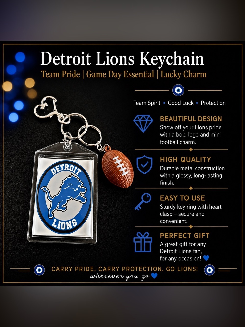*30off3*Detroit Lions Football Keychain includes Heart Shape Silver Medal Spring